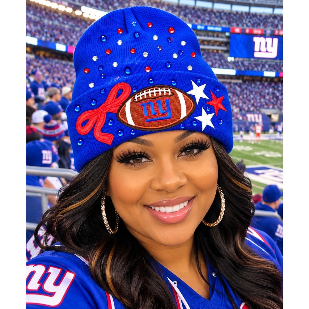 New York Giants Custom Rhinestone Beanie Royal Blue Football Bow Star Hat Womens